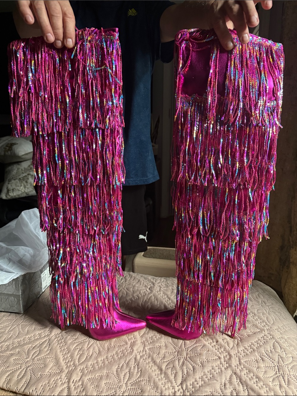 Hot Pink Fringe Over-the-Knee Statement Boots